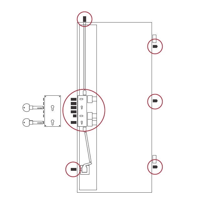 Schema der 10-Punkt-Verriegelung mit Doppelzylinder einer Effepi-Sicherheitstür Sicura Multi CL