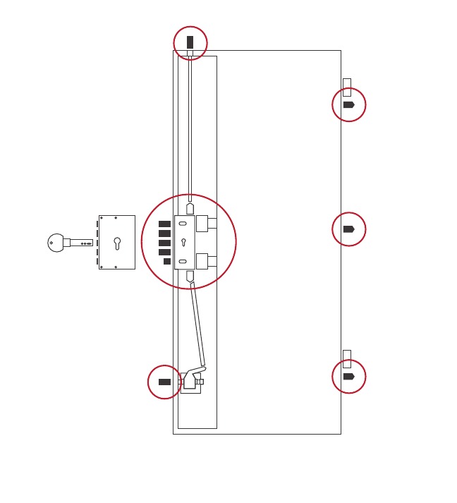 Schema der 9-Punkt-Stahlverriegelung einer Effepi-Sicherheitstür Sicura CL, Klasse RC3